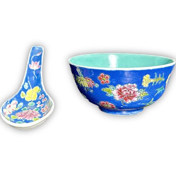 Vintage Other - Vintage Famille Rose Blue Ground Millefleur Porcelain Rice Bowl & Spoon